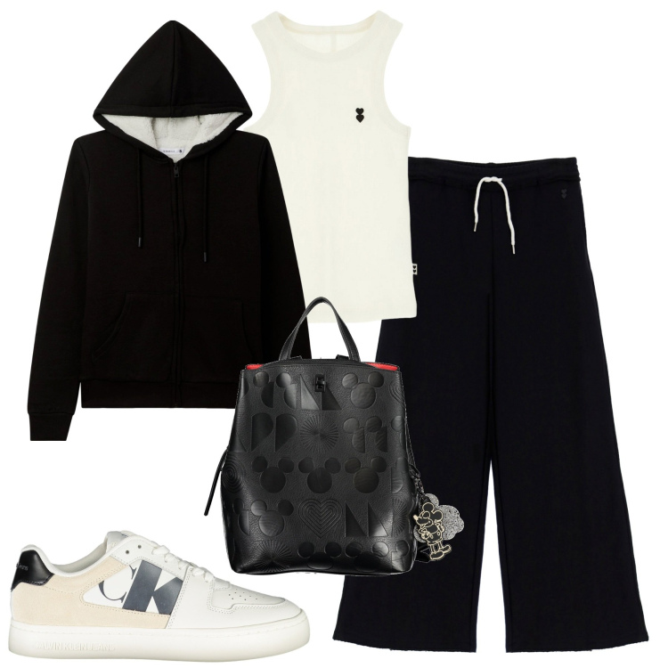 Outfit donna - City. Stile Casual per Tutti i giorni. Abbinamento con felpe con cappuccio, pantaloni a palazzo, canottiere, zaini, sneakers.