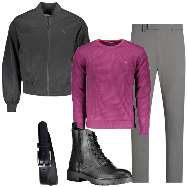 Outfit uomo - Tocco di colore. Stile Casual per Serata speciale. Abbinamento con cinture, pantaloni, maglieria, stivali, giacche.