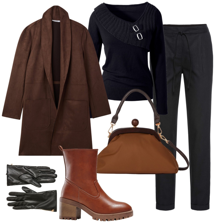 Outfit donna - Città comoda con stile. Stile Trendy per Tutti i giorni. Abbinamento con maglieria, pantaloni, stivaletti, trench, guanti, clutch.