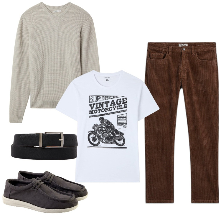Outfit uomo - Uscita pomeriggio. Stile Casual per Tutti i giorni. Abbinamento con pantaloni, t-shirt, maglieria, scarpe stringate, cinture.
