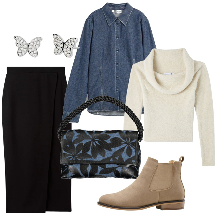 Outfit donna - Farfalle ad ottobre. Stile Bon Ton per Serata fuori. Abbinamento con stivaletti chelsea, camicie, maglieria, gonne longuette, orecchini, borse a spalla.