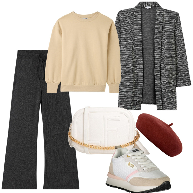 Outfit donna - Il cardigan sulla felpa. Stile Basic per Tutti i giorni. Abbinamento con borse a tracolla, pantaloni, blazer, felpe, cappelli e berretti, sneakers.