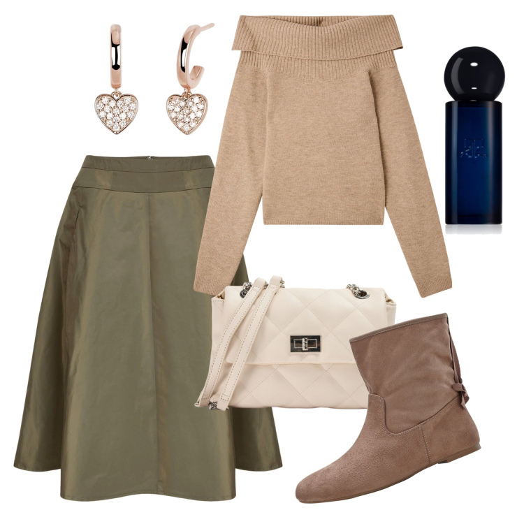 Outfit donna - La gonna cangiante. Stile Chic per Serata fuori. Abbinamento con stivaletti, profumi, orecchini, borse a spalla, maglieria, gonne.