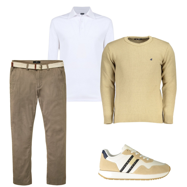 Outfit uomo - La polo bianca. Stile Casual per Tutti i giorni. Abbinamento con pantaloni chino, polo, maglieria, sneakers.