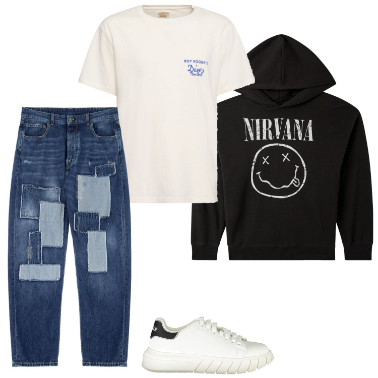 Outfit uomo - Grunge. Stile Urban per Tutti i giorni. Abbinamento con felpe con cappuccio, jeans, t-shirt, sneakers.