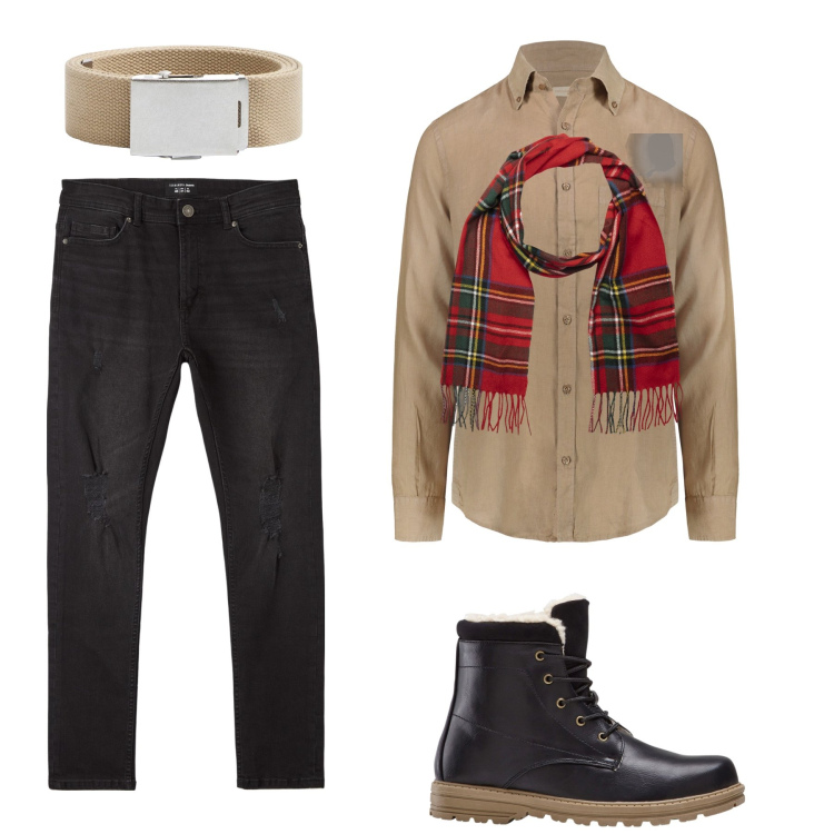 Outfit uomo - La sciarpa tartan. Stile Trendy per Tutti i giorni. Abbinamento con stivali e stivaletti, jeans strappati, cinture, camicie, sciarpe.