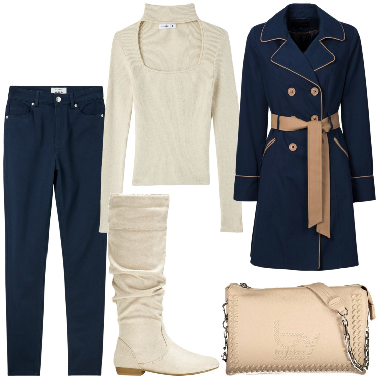 Outfit donna - Total look #1975814. Stile Casual chic per Tutti i giorni. Abbinamento con trench, stivali, pantaloni skinny, maglieria, borse a spalla.