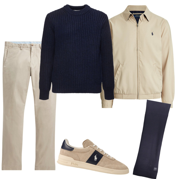 Outfit uomo - Blu e sabbia. Stile Casual per Tutti i giorni. Abbinamento con pantaloni, giacche, sneakers, maglieria, sciarpe.