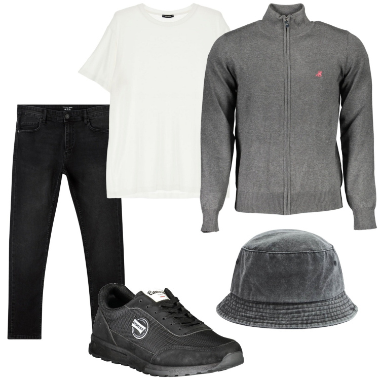 Outfit uomo - Total look #1975843. Stile Casual per Tutti i giorni. Abbinamento con cappelli, jeans skinny, t-shirt, sneakers, cardigans.