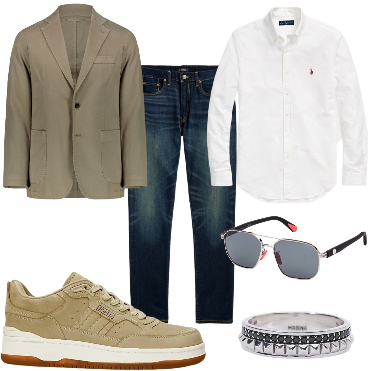 Outfit uomo - Giacca sfoderata e jeans. Stile Trendy per Tutti i giorni. Abbinamento con anelli, camicie, jeans, sneakers, giacche, occhiali da sole.