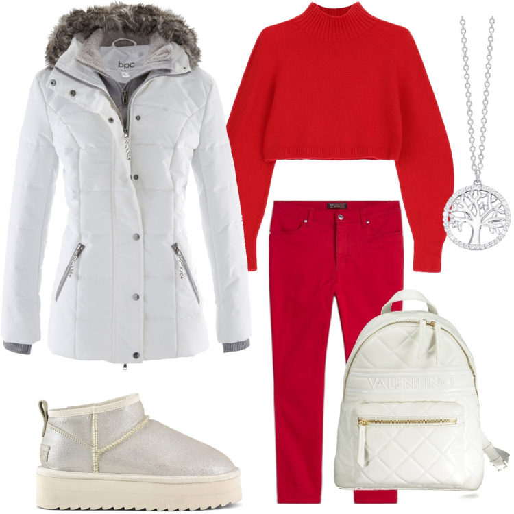 Outfit donna - Il piumino bianco avorio. Stile Casual per Scuola/Università. Abbinamento con piumini, pantaloni, collane, maglieria, stivaletti, zaini.