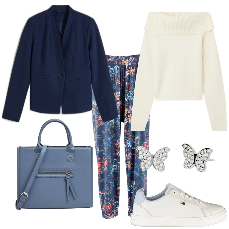 Outfit donna - Autunno in fiore. Stile Casual chic per Tutti i giorni. Abbinamento con blazer, pantaloni, maglieria, shopping bag, orecchini, sneakers.