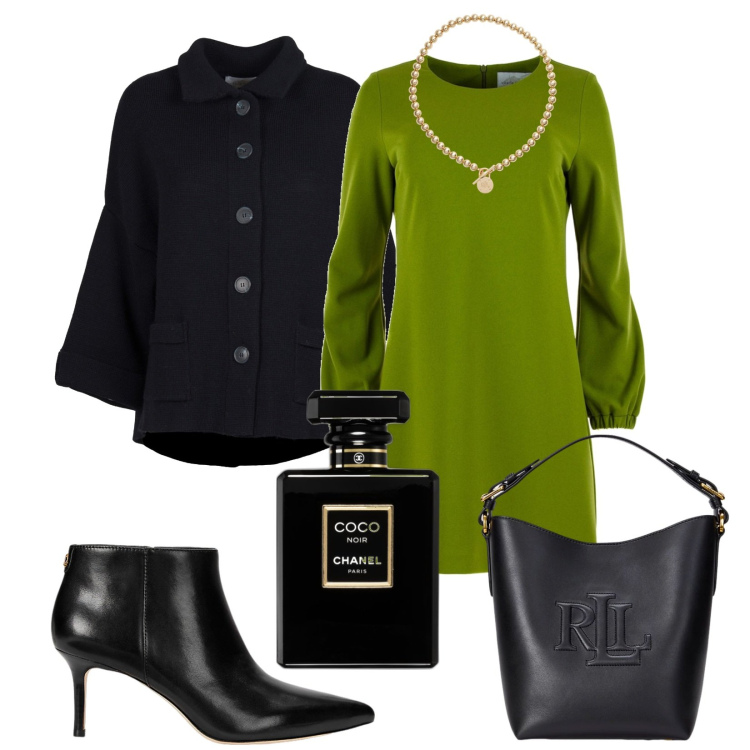 Outfit donna - Verde oliva. Stile Glamour per Ufficio. Abbinamento con profumi, collane, stivaletti, borse a secchiello, vestiti midi/longuette, blazer.