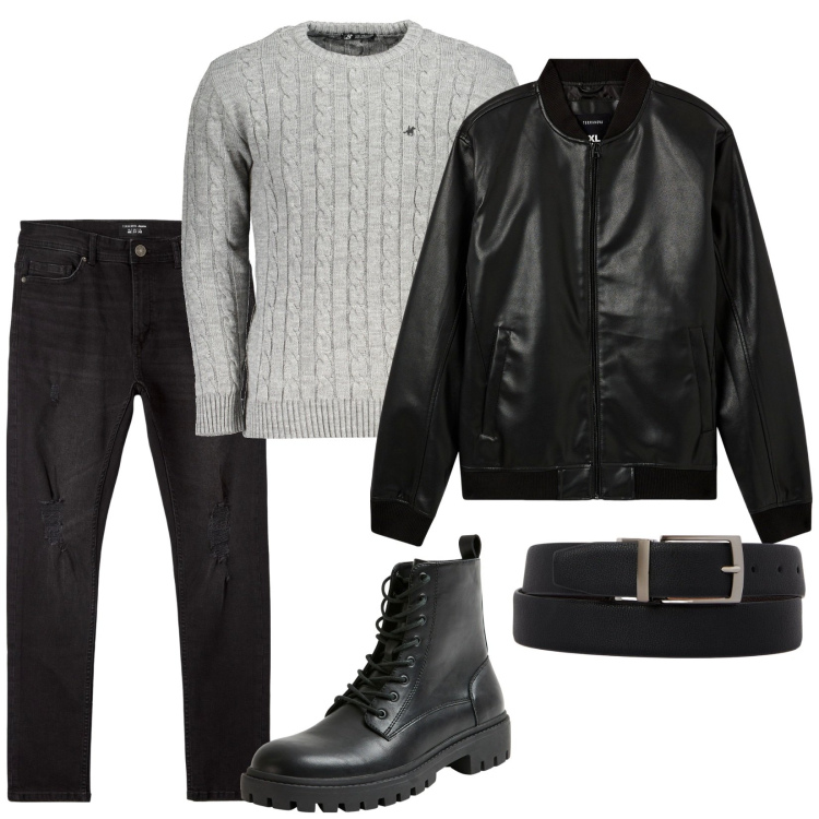 Outfit uomo - Grigio e nero. Stile Casual per Tutti i giorni. Abbinamento con bomber, anfibi, jeans strappati, maglieria, cinture.