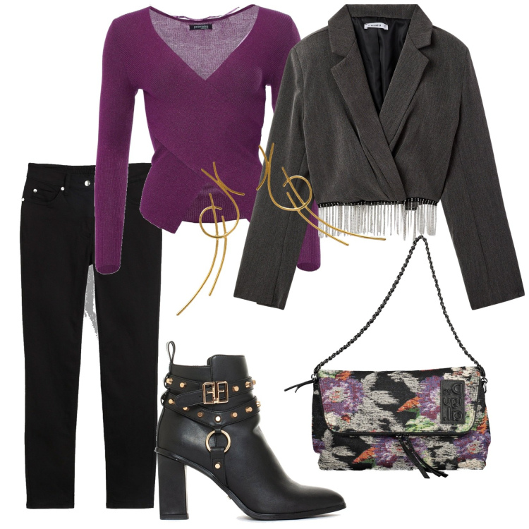 Outfit donna - Provaci. Stile Trendy per Serata fuori. Abbinamento con pantaloni, blazer, stivaletti, maglieria, borse a mano, orecchini.