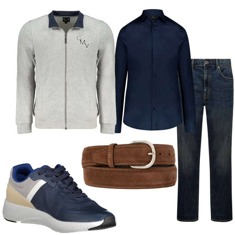 Outfit uomo - Jeans cardigan e camicia di mattina. Stile Urban per Tutti i giorni. Abbinamento con camicie, cinture, jeans, felpe, sneakers.