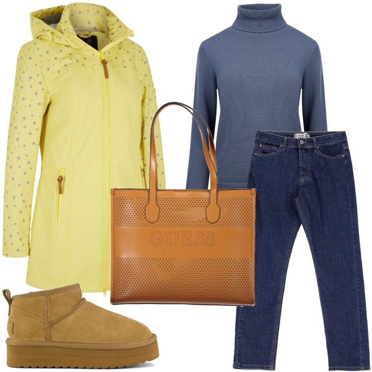 Outfit donna - Il parka giallo brillante. Stile Bon Ton per Scuola/Università. Abbinamento con parka, jeans dritti, stivaletti, maglieria, borse a spalla.