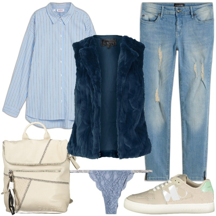 Outfit donna - camicia oversize e jeans. Stile Casual per Tutti i giorni. Abbinamento con gilet, jeans strappati, camicie, culotte, sneakers, zaini.