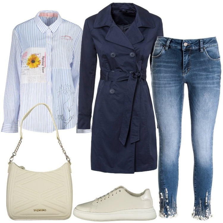 Outfit donna - Trench affascinante doppiopetto. Stile Basic per Tutti i giorni. Abbinamento con trench, jeans skinny, camicie, borse a spalla, sneakers.