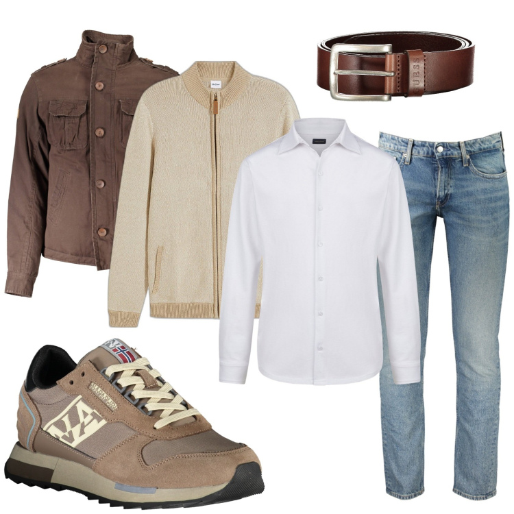 Outfit uomo - Naturale casual. Stile Casual per Tutti i giorni. Abbinamento con cardigans, polo, giacche, jeans slim fit, cinture, sneakers.