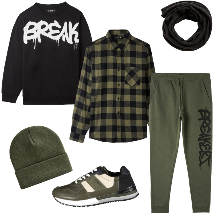 Outfit uomo - Verde oliva e nero. Stile Casual per Tutti i giorni. Abbinamento con sciarpe, camicie, felpe, berretti, pantaloni, sneakers.