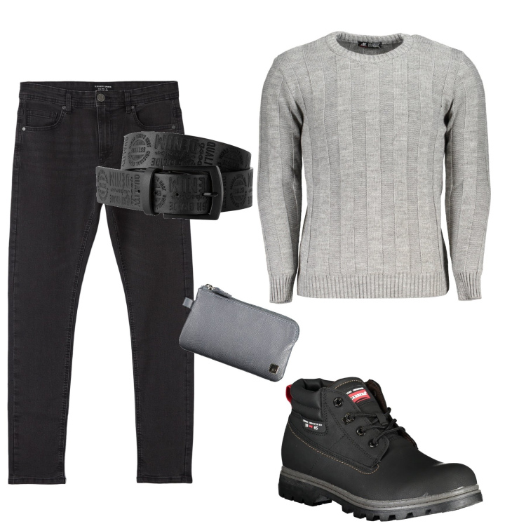 Outfit uomo - Il pull con le trecce. Stile Urban per Tutti i giorni. Abbinamento con cinture, jeans skinny, stivali, portafogli, maglieria.