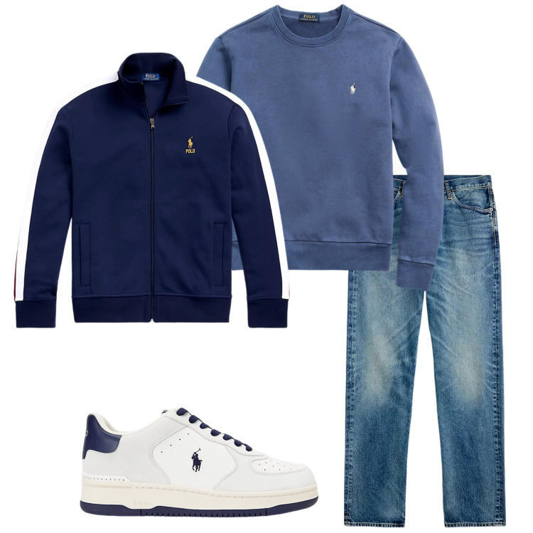 Outfit uomo - Sabato mattina. Stile Urban per Tutti i giorni. Abbinamento con felpe, giacche sportive, sneakers, jeans dritti.
