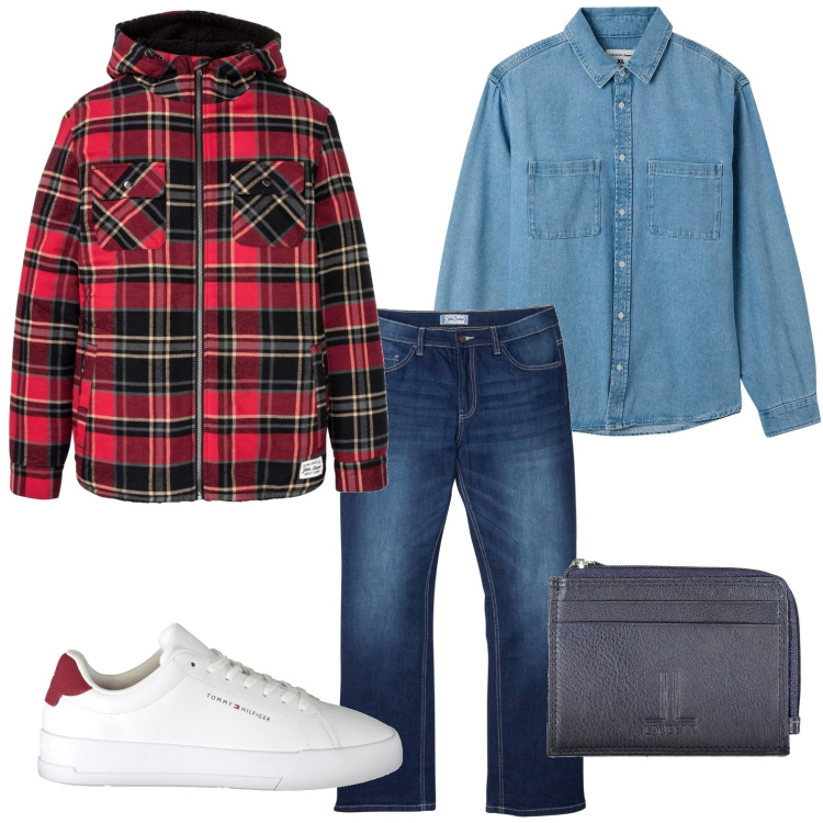 Outfit uomo - Il cappotto a quadri. Stile Casual per Tutti i giorni. Abbinamento con jeans bootcut, cappotti, camicie, portamonete, sneakers.