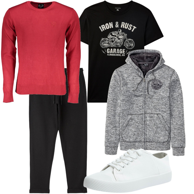 Outfit uomo - Un tocco di rosso. Stile Trendy per Tutti i giorni. Abbinamento con giacche, t-shirt, pantaloni, sneakers, maglieria.