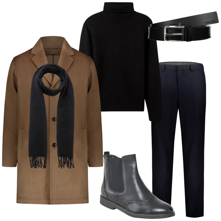 Outfit uomo - In ufficio. Stile Business/Elegante per Ufficio. Abbinamento con pantaloni, cappotti, maglieria, stivali e stivaletti, sciarpe, cinture.