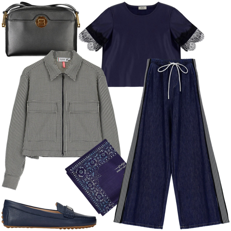 Outfit donna - Total look #1975968. Stile Casual per Tutti i giorni. Abbinamento con blazer, pantaloni, t-shirt, mocassini, foulard, borse a tracolla.