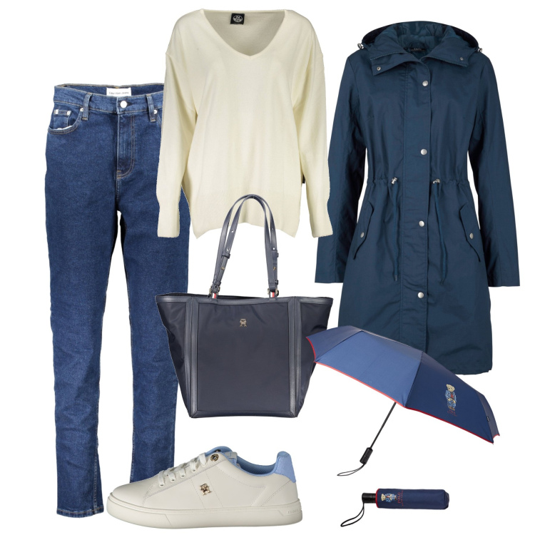 Outfit donna - Giorno di pioggia all’università. Stile Casual per Scuola/Università. Abbinamento con parka, borse tote, sneakers, maglieria, borse a spalla, jeans mom.