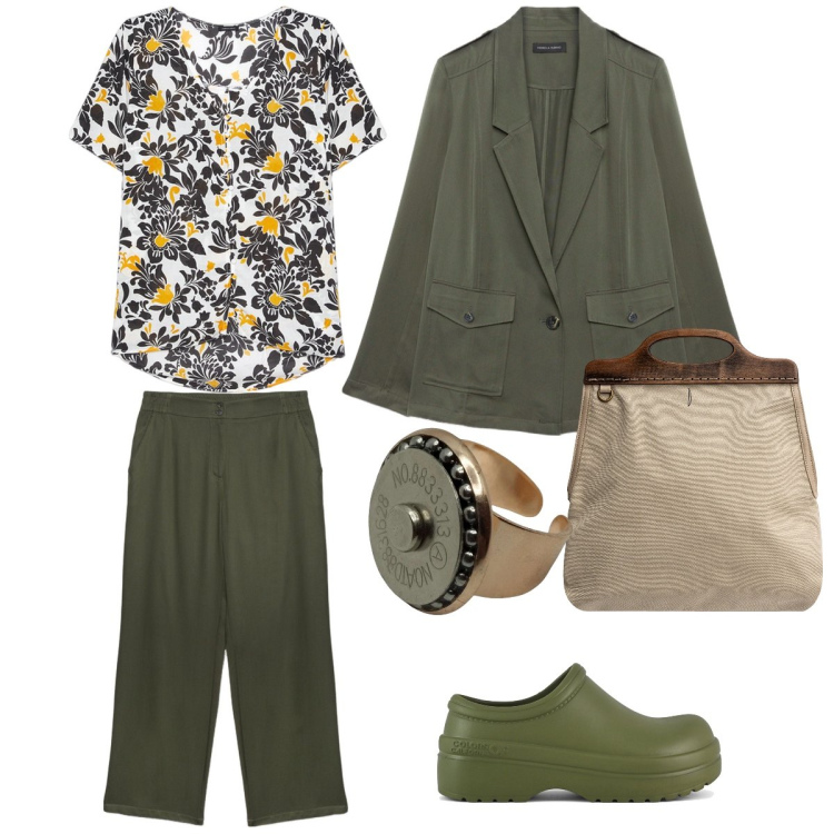 Outfit donna - Verde in comfort. Stile Casual per Tutti i giorni. Abbinamento con sandali, borse a tracolla, pantaloni, blazer, camicie a manica corta, anelli.