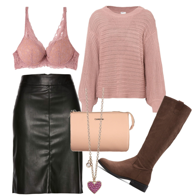 Outfit donna - Rosa in autunno. Stile Chic per Serata fuori. Abbinamento con maglieria, stivali, gonne longuette, reggiseni, collane, borse a tracolla.