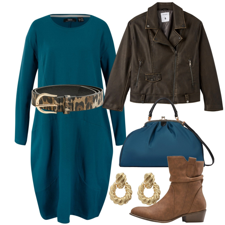Outfit donna - Petrolio. Stile Urban per Tutti i giorni. Abbinamento con vestiti, stivaletti texani, cinture, giacche, orecchini, borse a spalla.