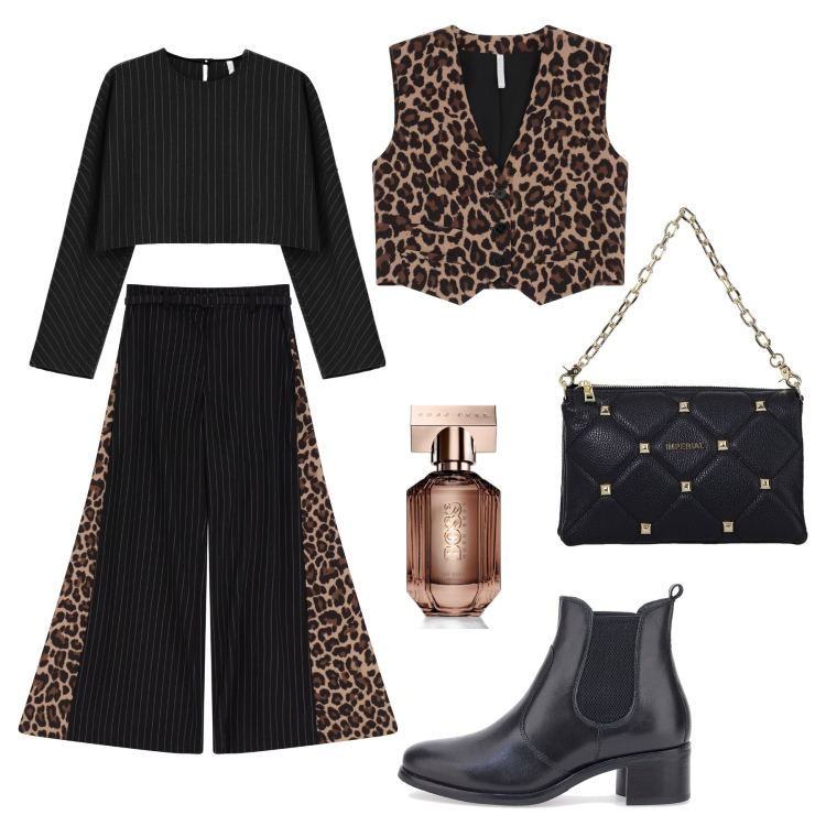 Outfit donna - Gessato e animalier a cena. Stile Trendy per Serata fuori. Abbinamento con profumi, pantaloni a palazzo, borse a spalla, maglieria, gilet, stivaletti chelsea.