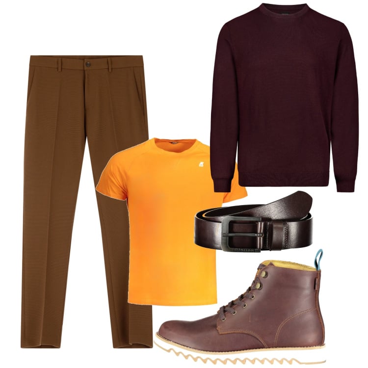 Outfit uomo - Mosto di ottobre. Stile Casual per Tutti i giorni. Abbinamento con pantaloni, maglieria, stivali, cinture, t-shirt.