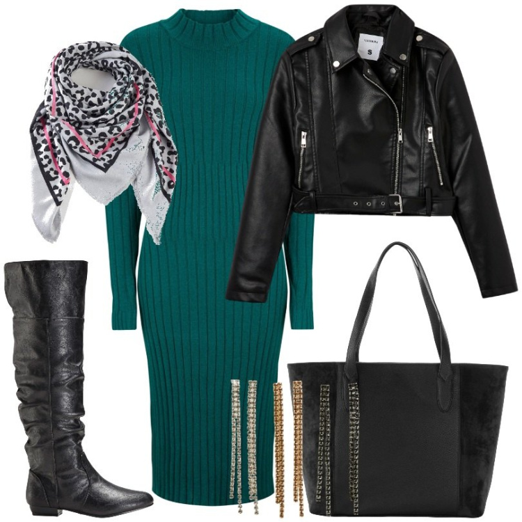 Outfit donna - Total look #1976019. Stile Casual per Tutti i giorni. Abbinamento con foulard, stivali sopra il ginocchio, shopping bag, vestiti midi/longuette, giacche, orecchini.