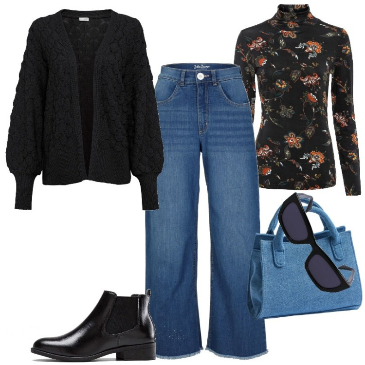 Outfit donna - Cardigan e jeans moderni. Stile Basic per Tutti i giorni. Abbinamento con jeans, cardigans, stivaletti chelsea, maglieria, borse a tracolla, occhiali da sole.
