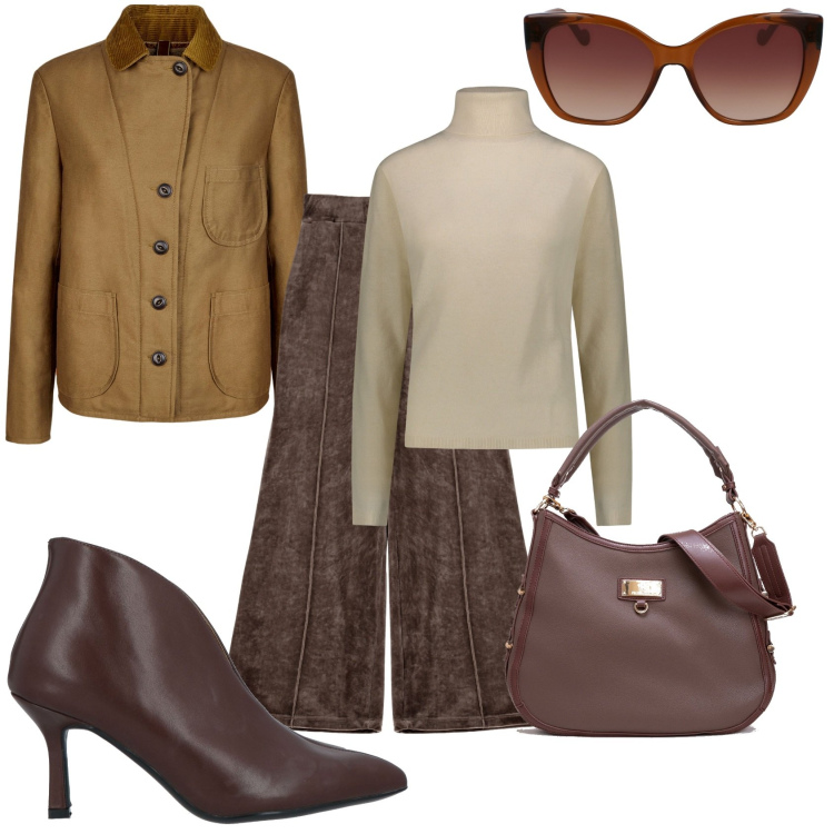 Outfit donna - Pantalone palazzo perfetto per la giorna. Stile Glamour per Tutti i giorni. Abbinamento con stivaletti, borse a tracolla, pantaloni a palazzo, pullovers, blazer, occhiali da sole.