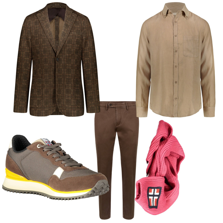 Outfit uomo - Marrone e fucsia. Stile Business/Elegante per Ufficio. Abbinamento con giacche, pantaloni chino, sneakers, sciarpe, camicie.