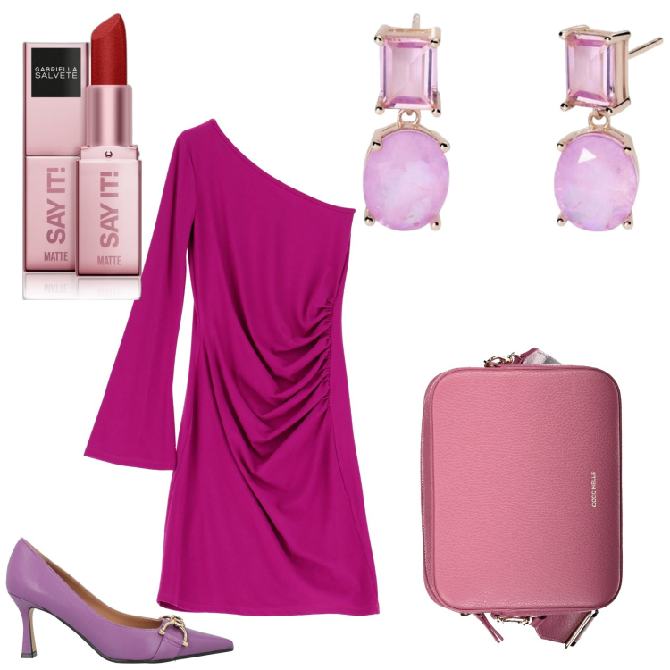 Outfit donna - Serata festa. Stile Chic per Serata fuori. Abbinamento con décolleté, rossetti, orecchini, vestiti asimmetrici, borse a tracolla.