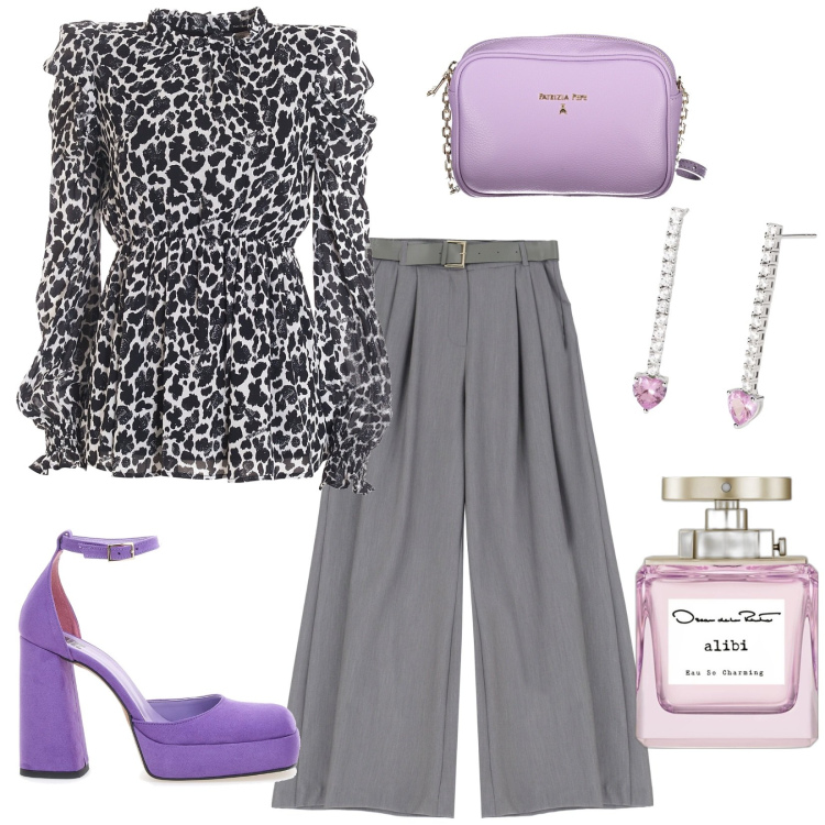 Outfit donna - Animali + lilla = glamour. Stile Glamour per Serata fuori. Abbinamento con profumi, orecchini, bluse, pantaloni, décolleté, borse a tracolla.