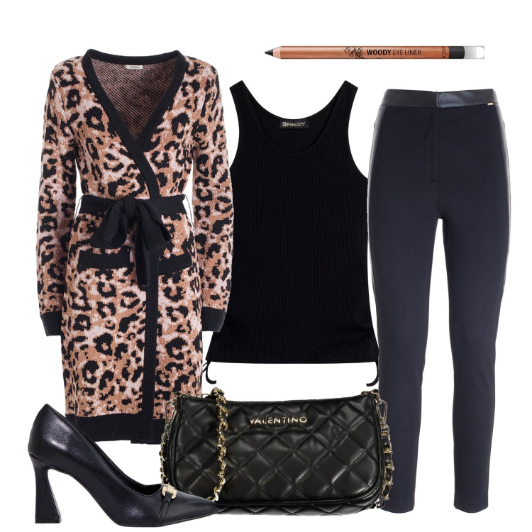 Outfit donna - Il tocco animalier. Stile Chic per Tutti i giorni. Abbinamento con eyeliner, cardigans, pantaloni skinny, stivaletti, canottiere, borse a spalla.