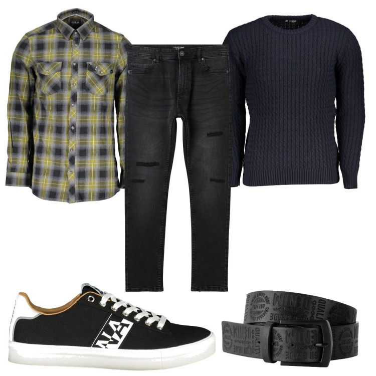 Outfit uomo - Total look #1976062. Stile Casual per Tutti i giorni. Abbinamento con cinture, jeans strappati, camicie, maglieria, sneakers.