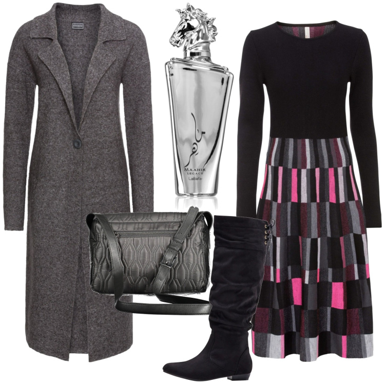 Outfit donna - Total look #1976070. Stile Casual per Tutti i giorni. Abbinamento con vestiti, stivali, cappotti, profumi, borse a tracolla.