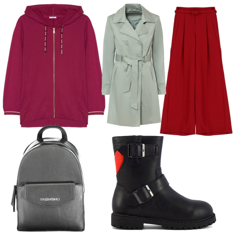 Outfit donna - #rosso&grigio. Stile Casual per Tutti i giorni. Abbinamento con trench, pantaloni, stivaletti, felpe con cappuccio, zaini.