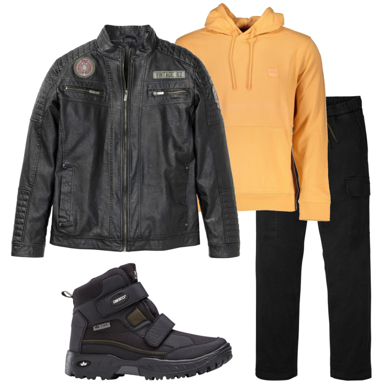 Outfit uomo - Giacca in pelle. Stile Biker Rock per Serata speciale. Abbinamento con stivali e stivaletti, giacche, pantaloni cargo, felpe con cappuccio.