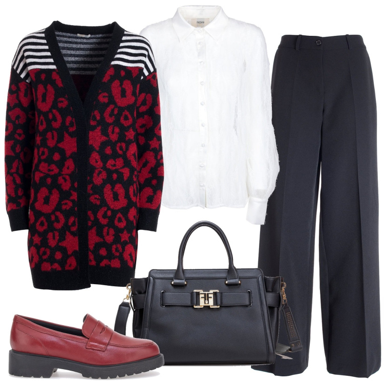 Outfit donna - Un tocco animalier. Stile Casual per Ufficio. Abbinamento con pantaloni a palazzo, cardigans, camicie, borse tote, mocassini.