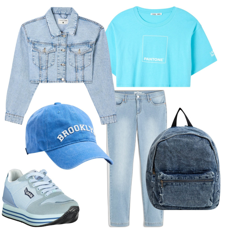 Outfit donna - Denim. Stile Urban per Tutti i giorni. Abbinamento con jeans dritti, cappelli, t-shirt, zaini, blazer, sneakers.